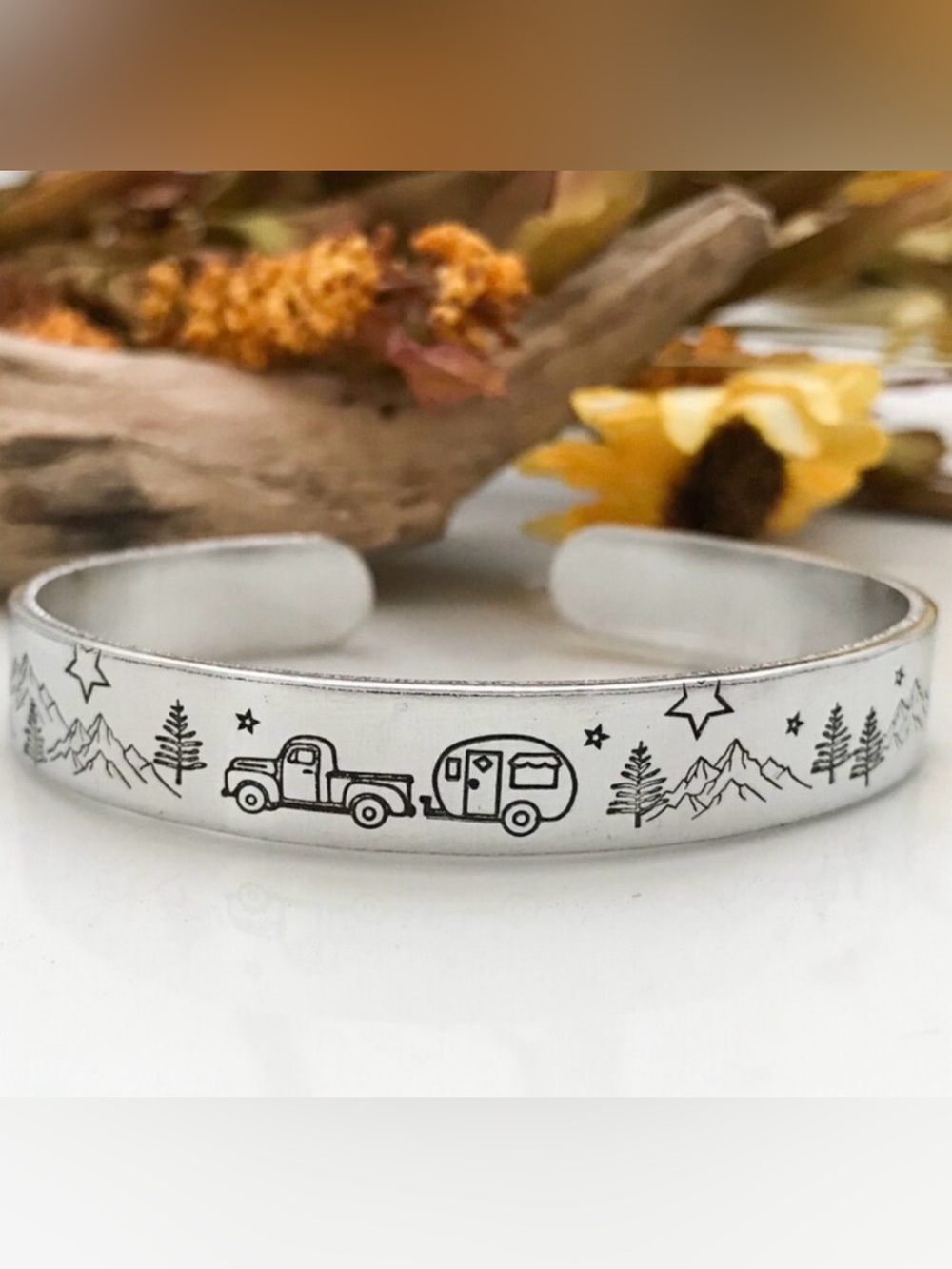 Happy Camper Cuff Bracelet RV Camping Trailer Mountain Aluminum Bracelet